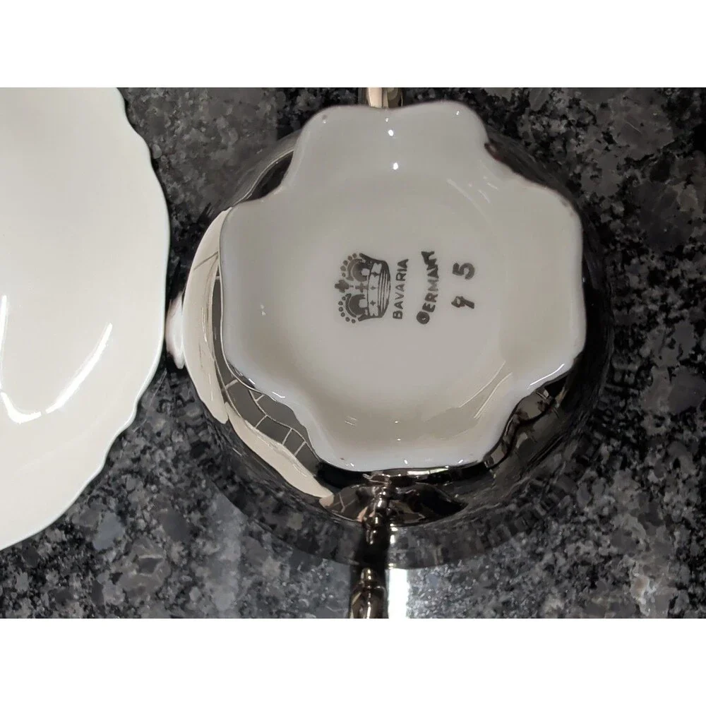 Vintage Bavaria Porcelain Silver White Germany 2 demitasse cups saucers